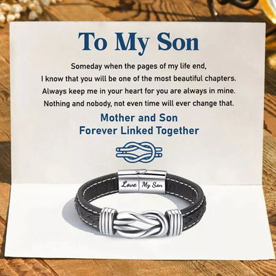 To My Son - "Mother and Son Forever Linked Together" Braided Leather Bracelet