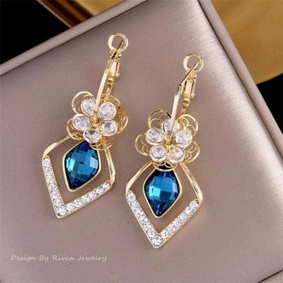 Flower Zircon Rhombic Sapphire Drop Earrings