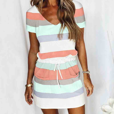 Color Striped V Neck Drawstring Dress