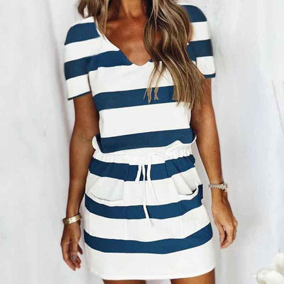 Striped V Neck Drawstring Dress