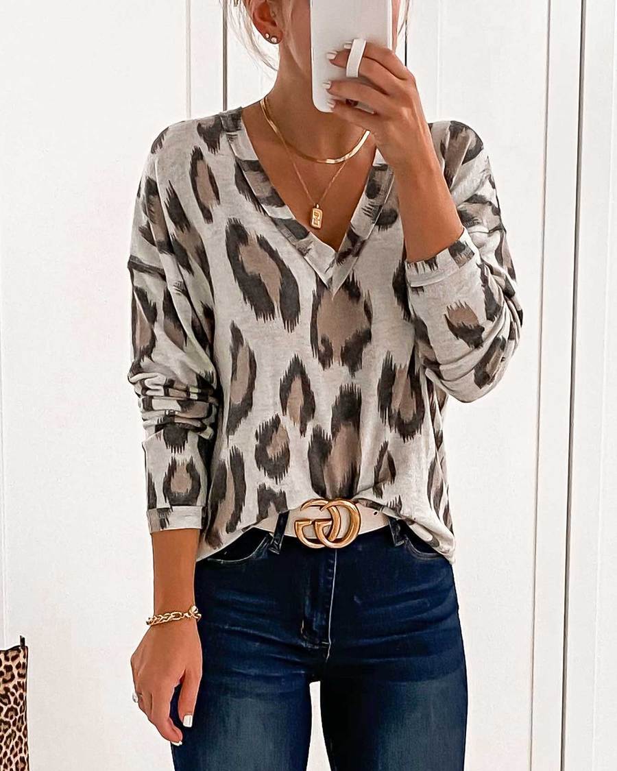 Leopard Print V Neck Top